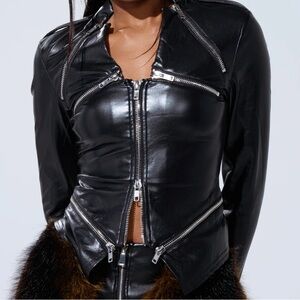 AKIRA Shiny Black Faux Leather Zip-Front Jacket Black ZIPPIE FAUX LEATHER ZIP UP